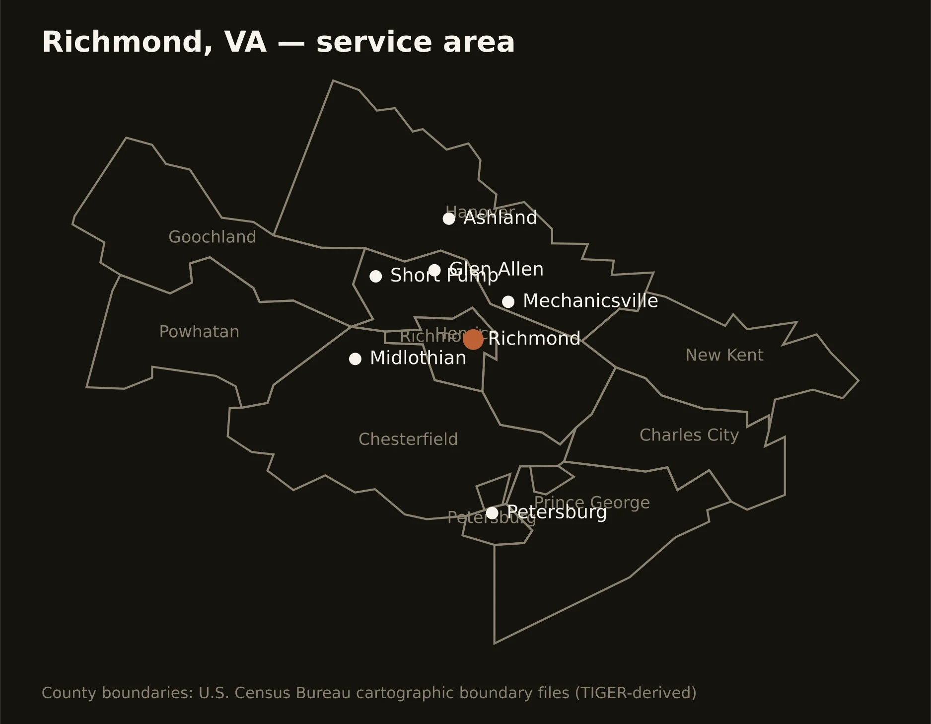 Richmond, VA directional drilling service area map — component counties and cities served